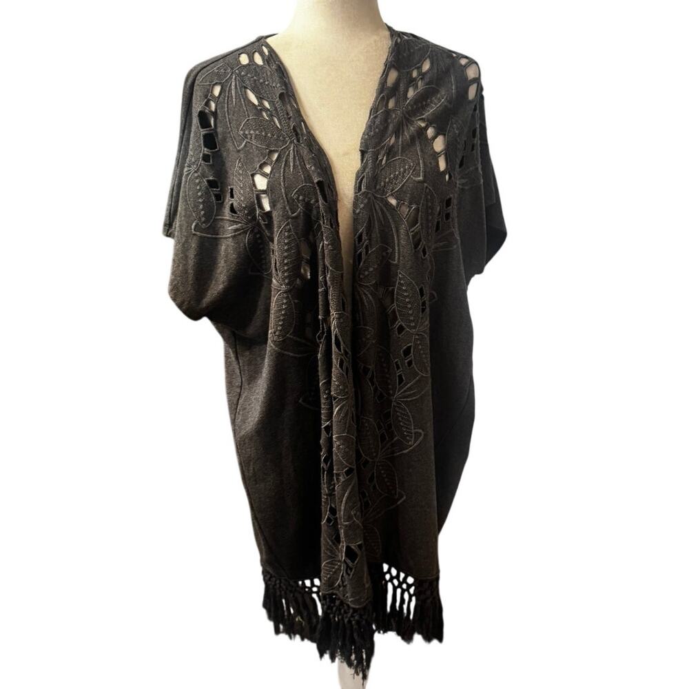 Johnny Was 4 Love & Liberty Black Embroidered Fringe Kimono Boho Luxe Jacket M